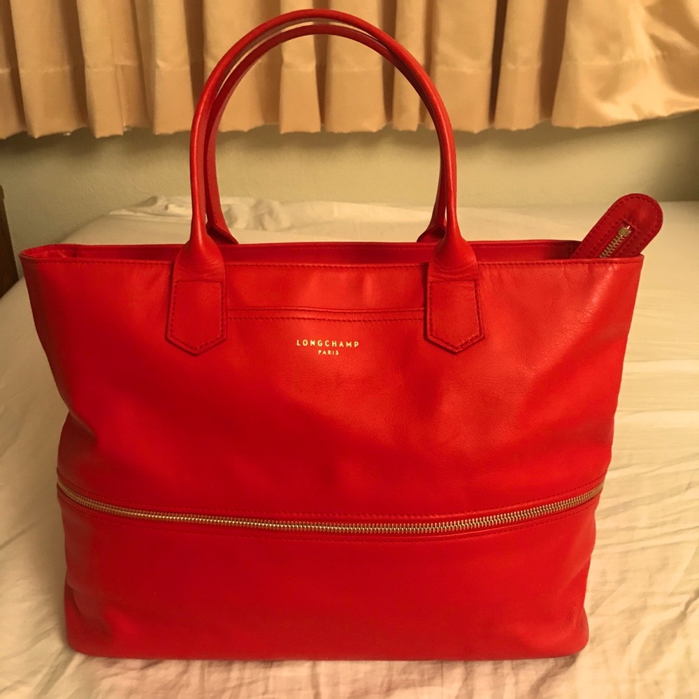 Longchamp Expandable Leather Tote in Red